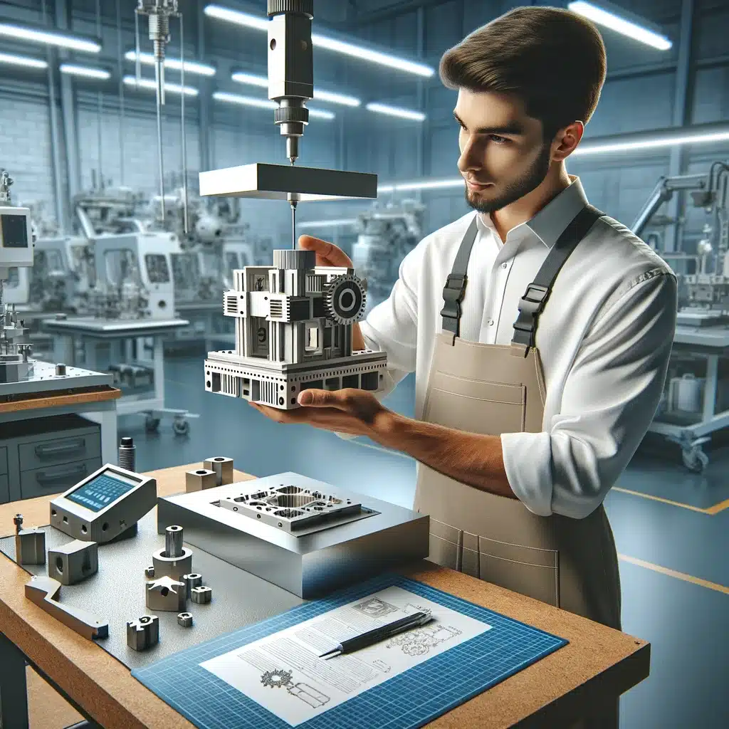 Inside a professional workshop, a person is seen using a custom 3D printed fixture to securely hold a piece for assembly. The background features neatly organized tools and advanced machinery, emphasizing a clean and efficient workspace.