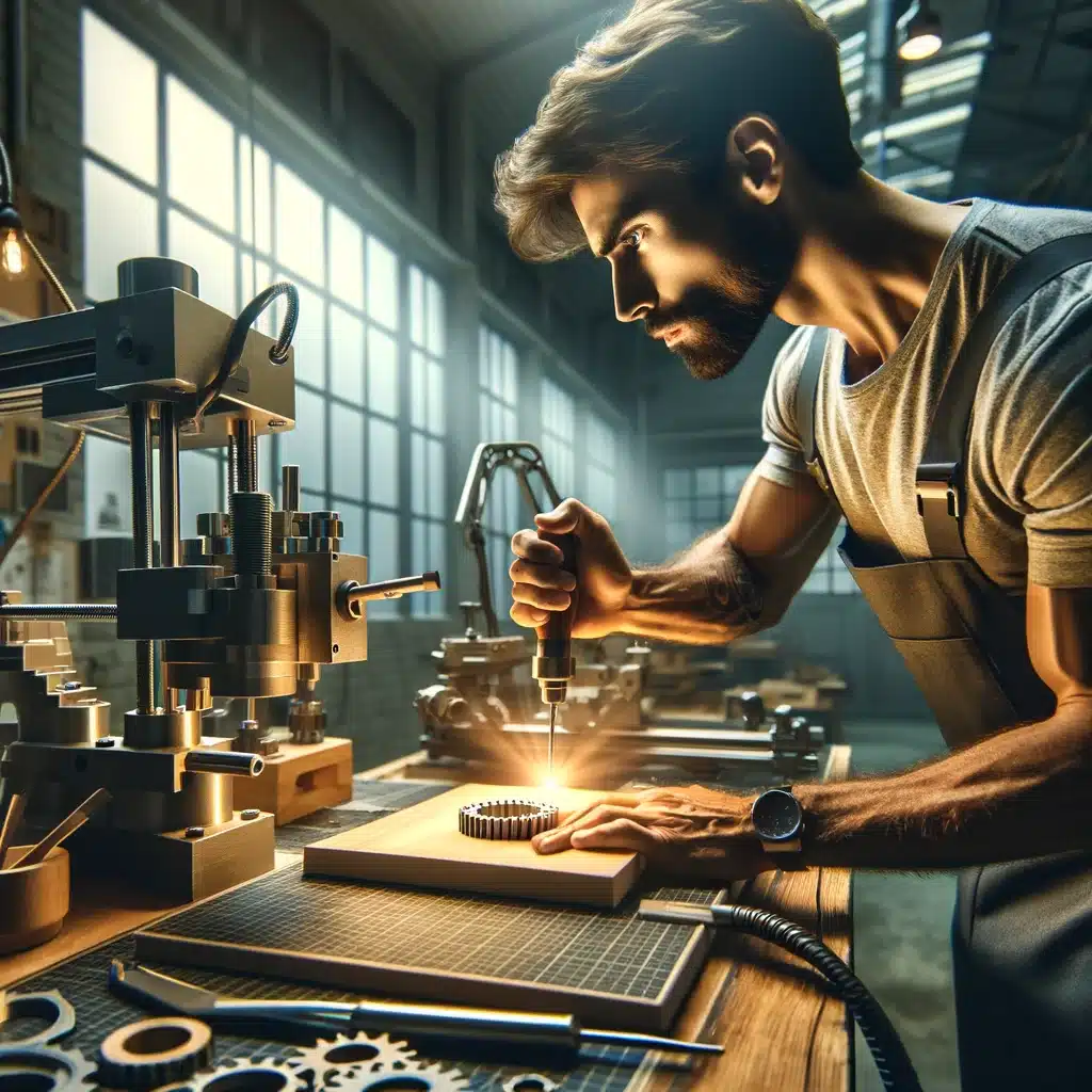 A detailed view of a craftsman in a contemporary workshop using a custom 3D printed tool for a precision task. The environment is well-lit, blending traditional craftsmanship with modern technology, with high-tech equipment visible around the workspace.
